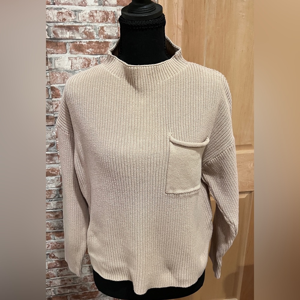 Women’s Boho Cropped Mock Neck Long Sleeve Knit Sweater Earthy Tan Casual Chic L